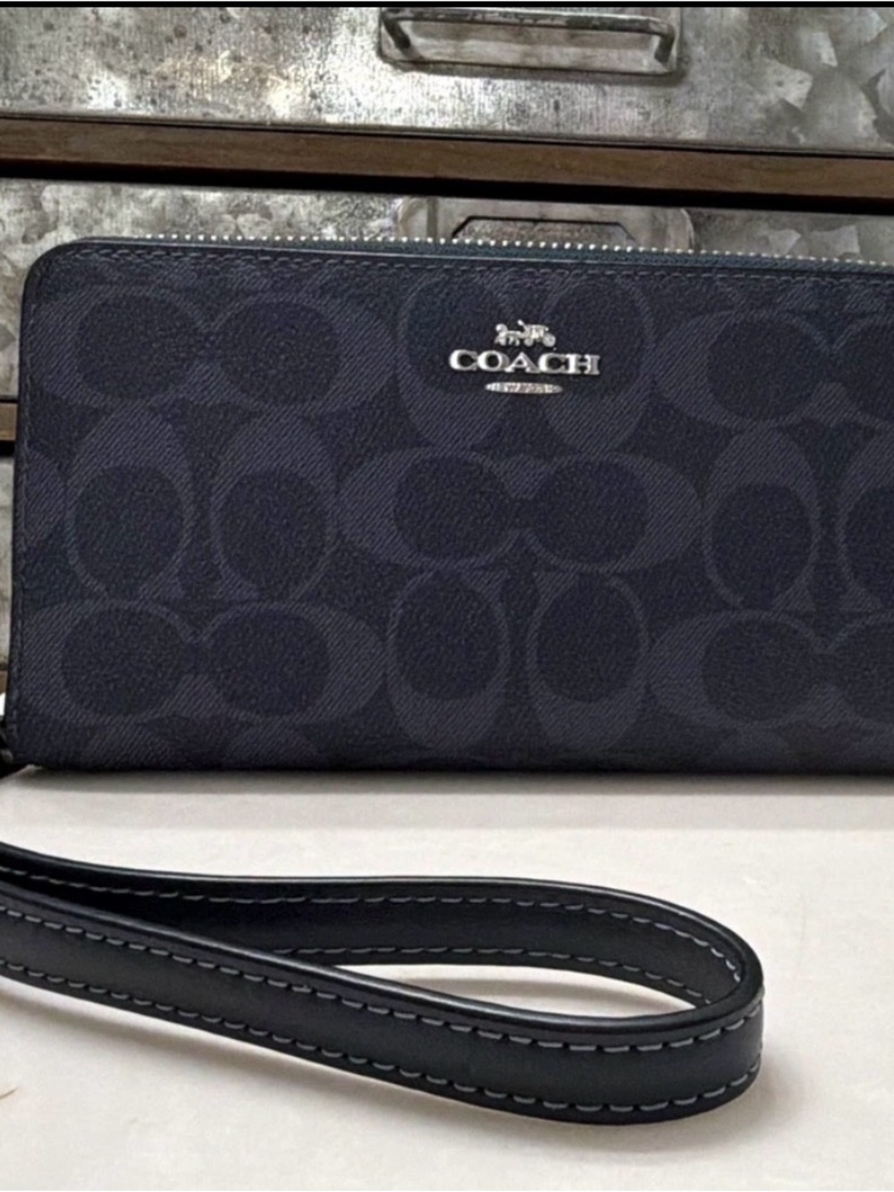 Coach Navy Signature Zip Wallet Wristlet with Logo
